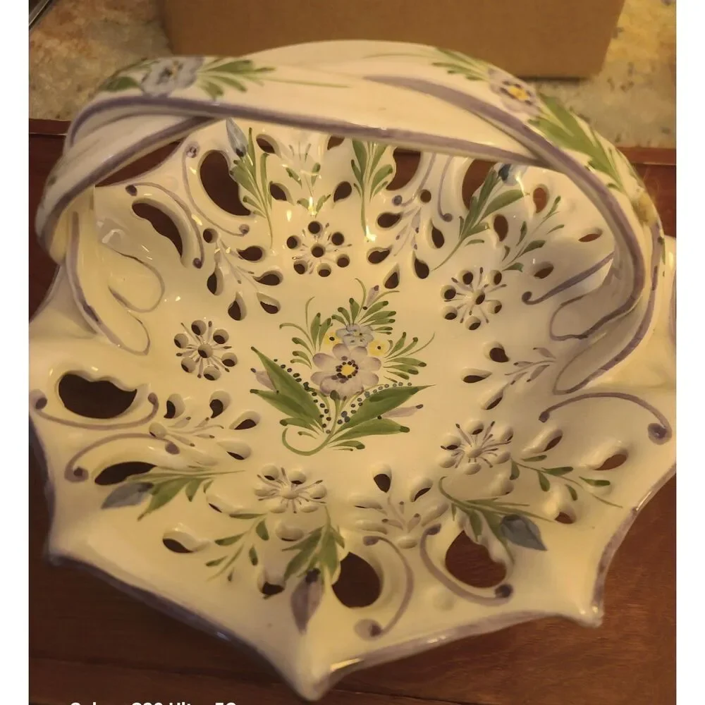 Hand‎ Painted Purple Pansies Ceramic Reticulated Basket Braided Handle Portugal